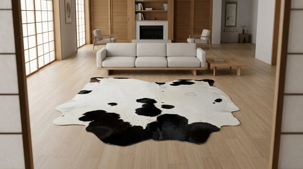 Black and White cowhide rug on hardwood floor in tokyo minimal living room