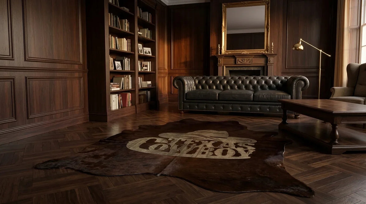 Black and White cowhide rug on hardwood floor in london townhouse living room