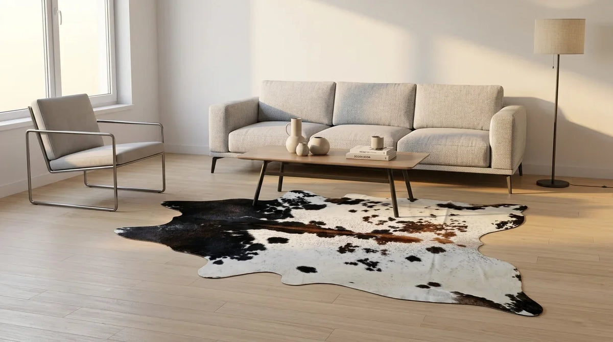 Black and White cowhide rug on hardwood floor in contemporary european living room