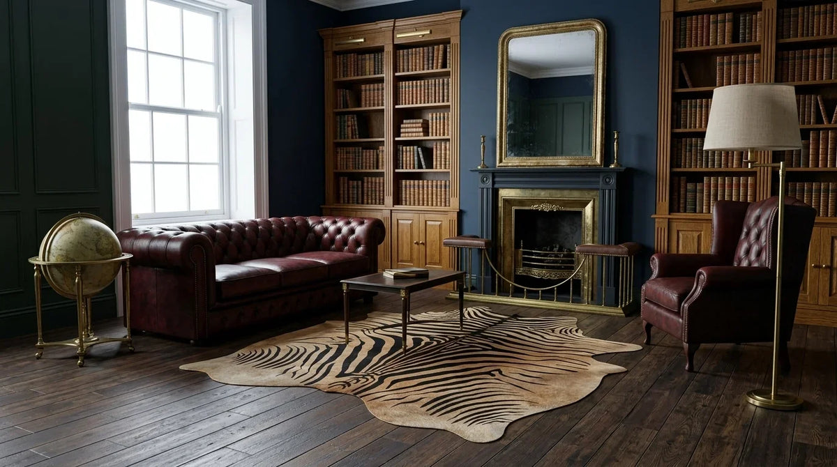 Black and White cowhide rug on hardwood floor in london townhouse living room