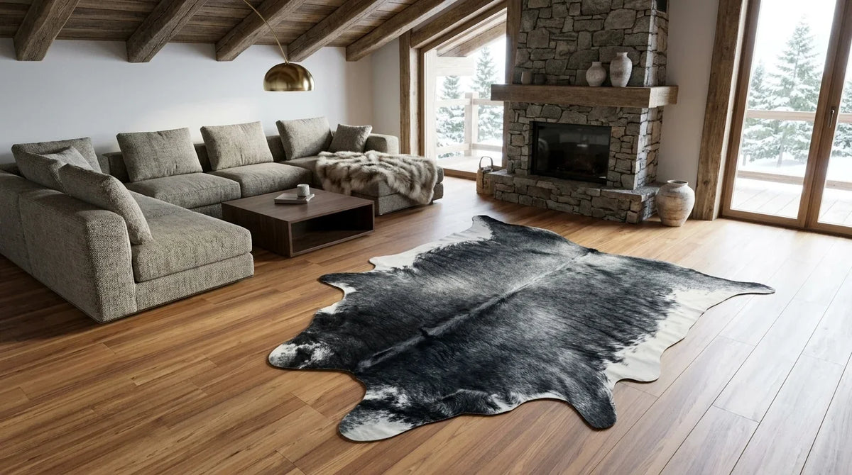 Black and White cowhide rug on hardwood floor in modern chalet living room