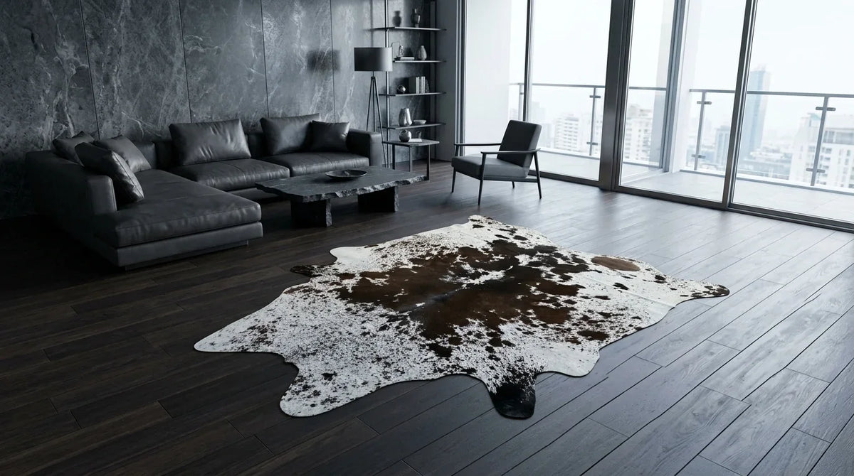 Black and White cowhide rug on hardwood floor in milano penthouse living room