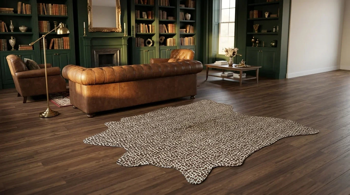 Black and White cowhide rug on hardwood floor in london townhouse living room