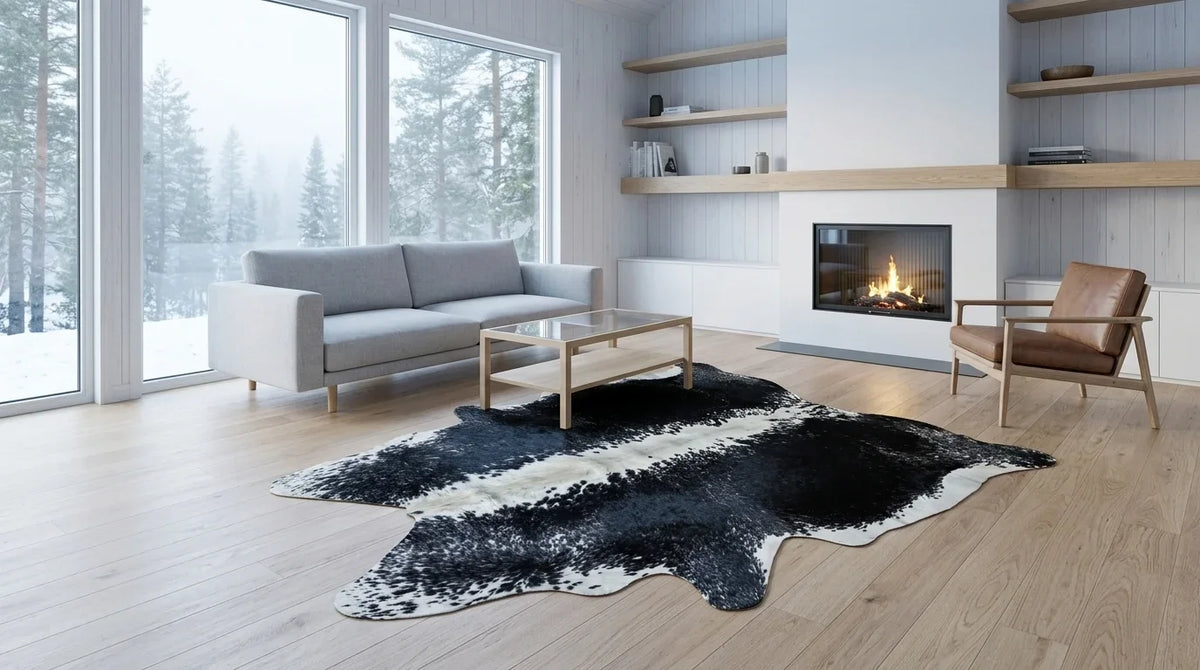 Black and White cowhide rug on hardwood floor in scandinavian cabin living room