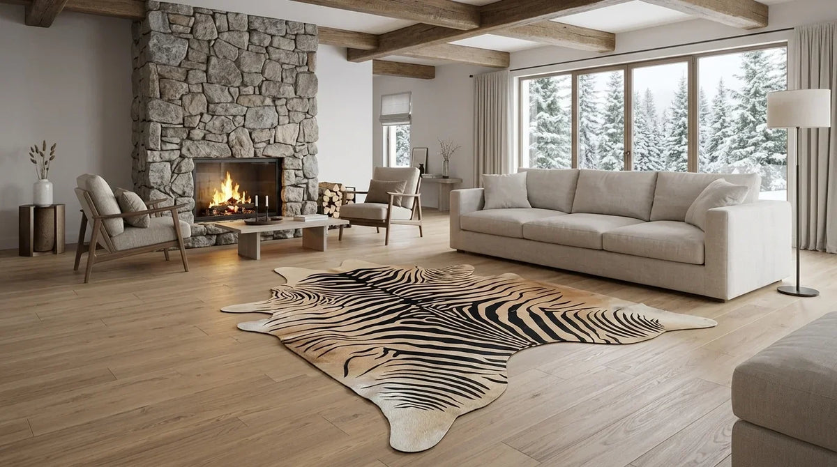 Black and White cowhide rug on hardwood floor in modern chalet living room