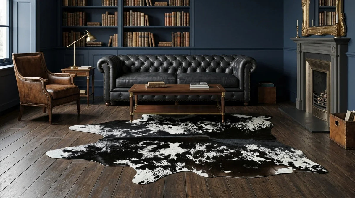 Black and White cowhide rug on hardwood floor in london townhouse living room