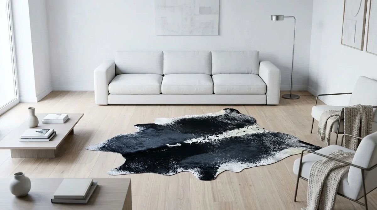 Black and White cowhide rug on hardwood floor in contemporary european living room