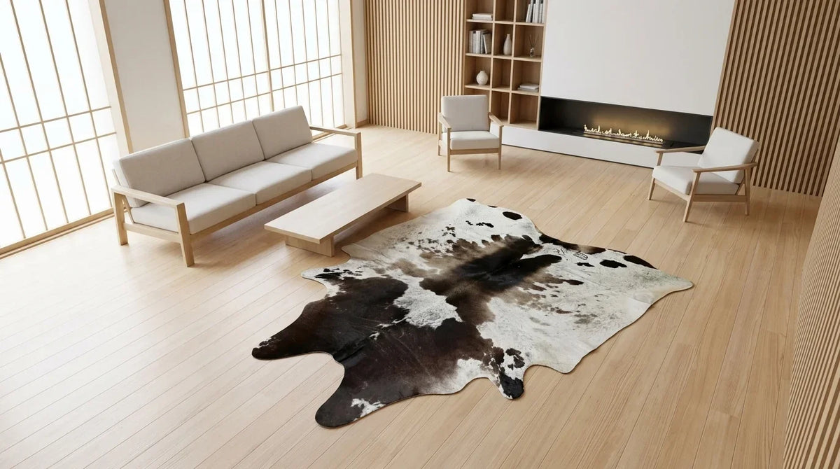 Black and White cowhide rug on hardwood floor in tokyo minimal living room