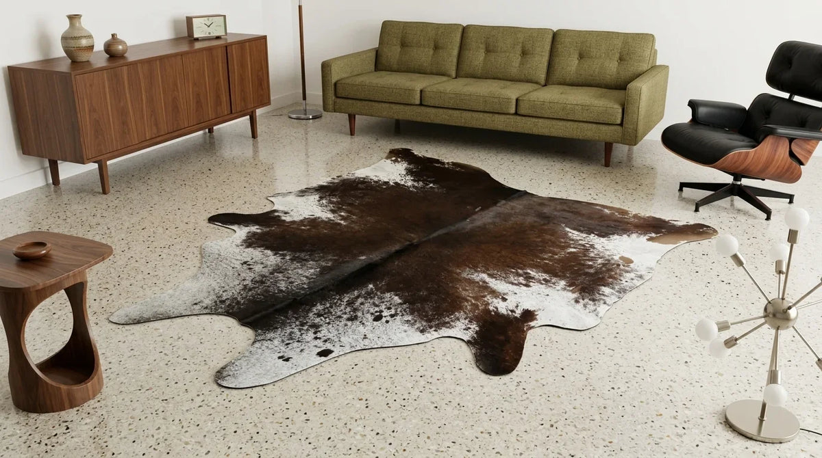 Black and White cowhide rug on hardwood floor in midcentury modern living room