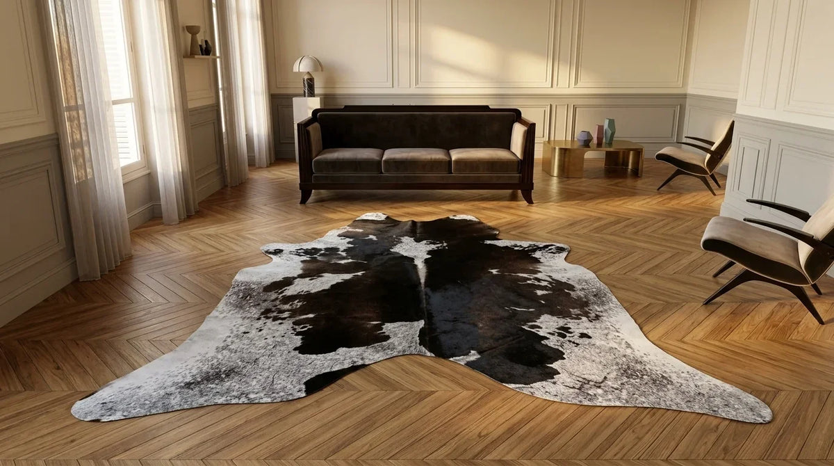Black and White cowhide rug on hardwood floor in parisian artdeco living room