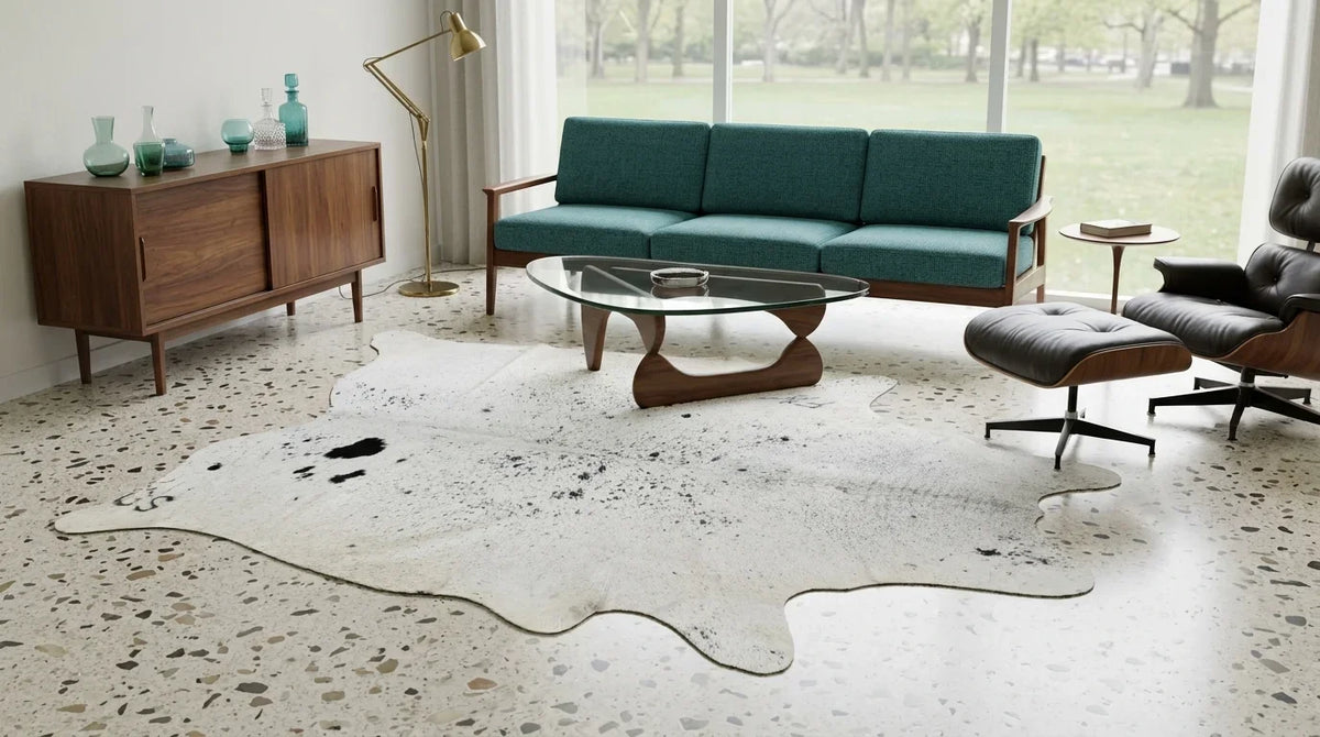 Black and White cowhide rug on hardwood floor in midcentury modern living room