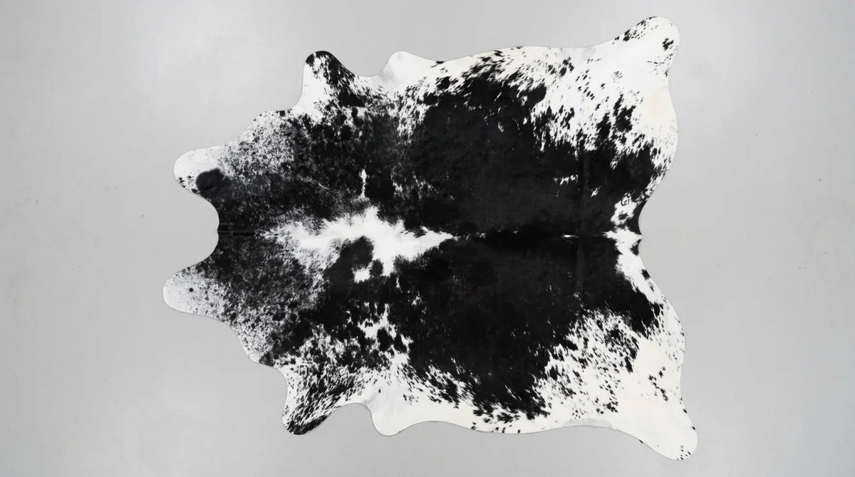Black and White cowhide rug flat lay on white background showing full hide shape