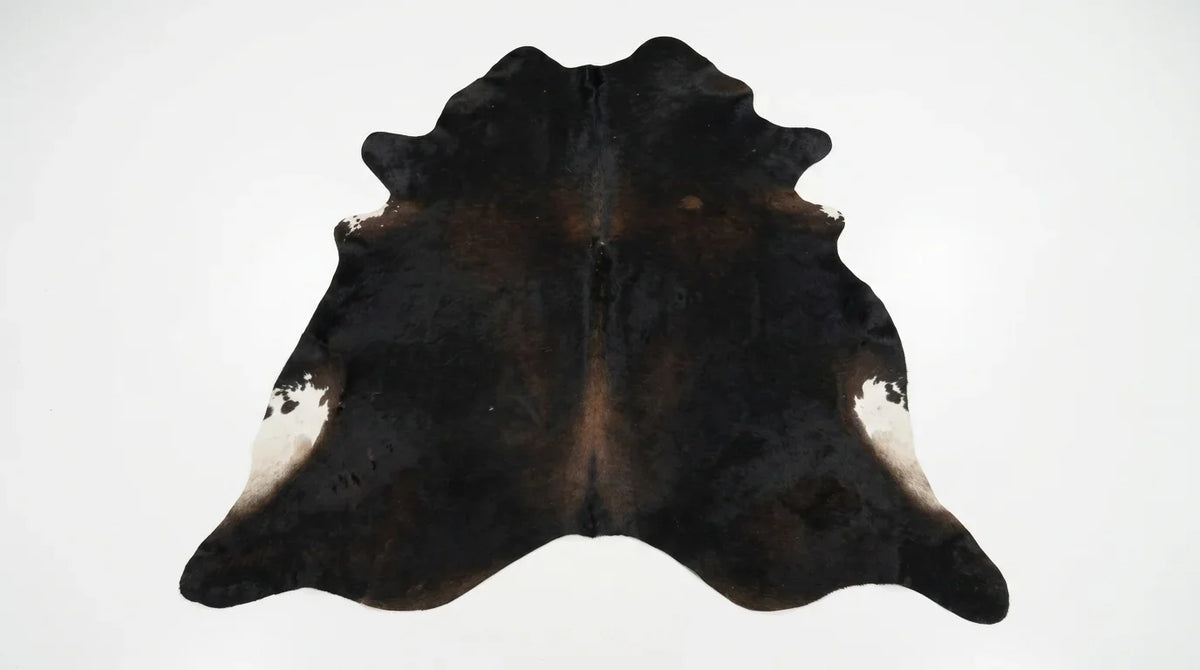 Black and White cowhide rug flat lay on white background showing full hide shape