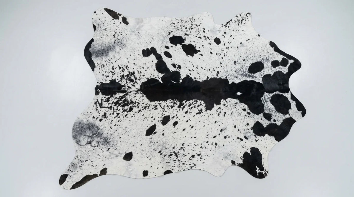 Black and White cowhide rug flat lay on white background showing full hide shape