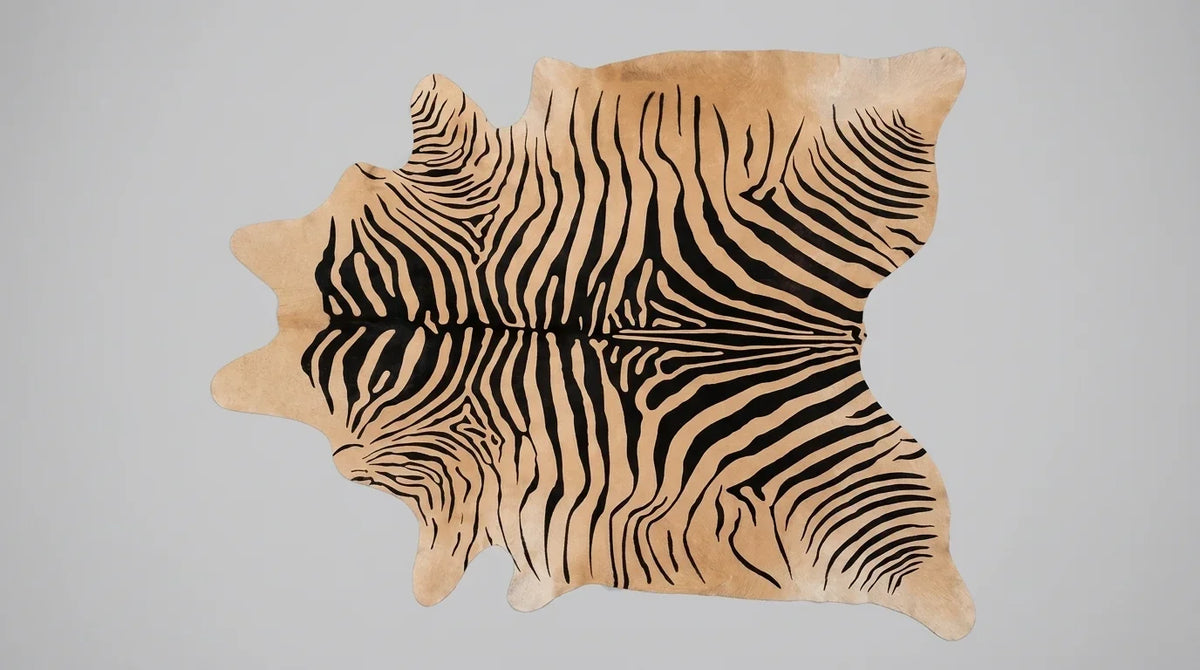 Black and White cowhide rug flat lay on white background showing full hide shape