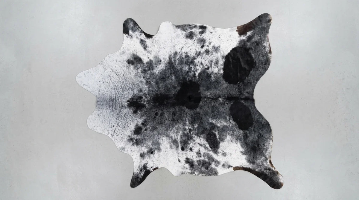 Black and White cowhide rug flat lay on white background showing full hide shape
