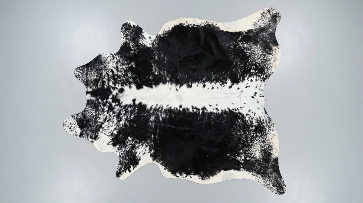 Black and White cowhide rug flat lay on white background showing full hide shape