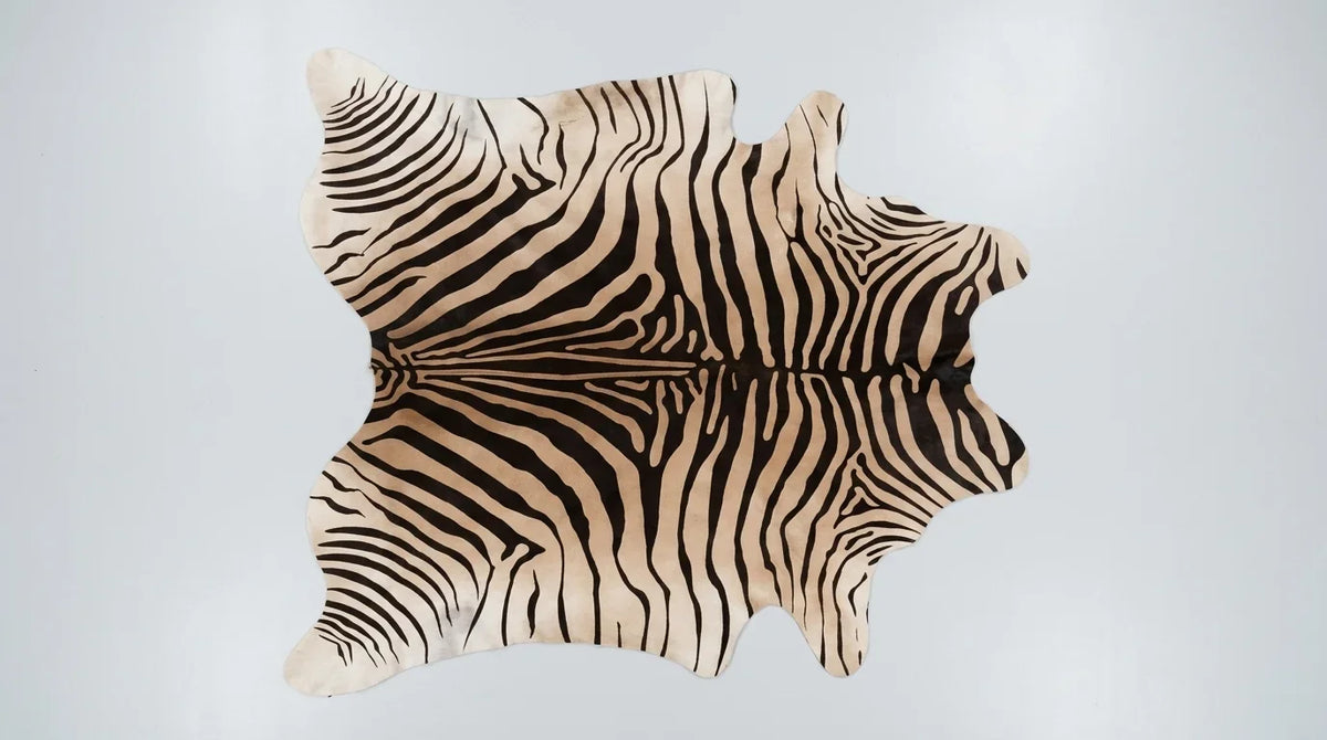 Black and White cowhide rug flat lay on white background showing full hide shape