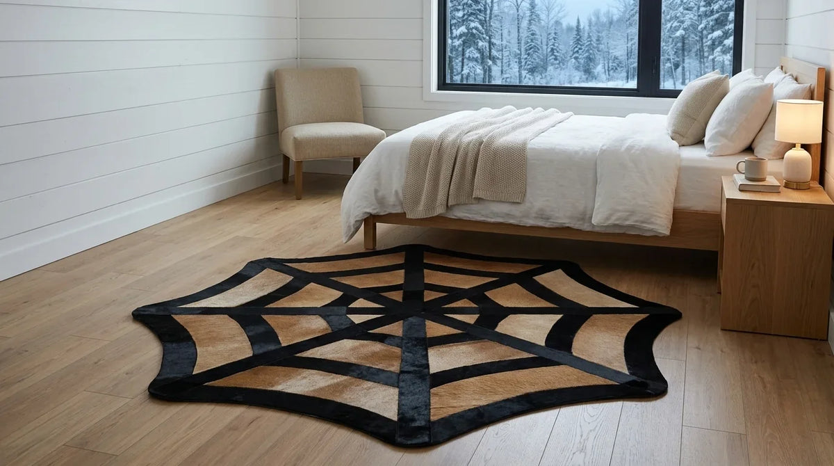 İskandinav kır evi tarzı yatak odasında siyah beyaz patchwork halı