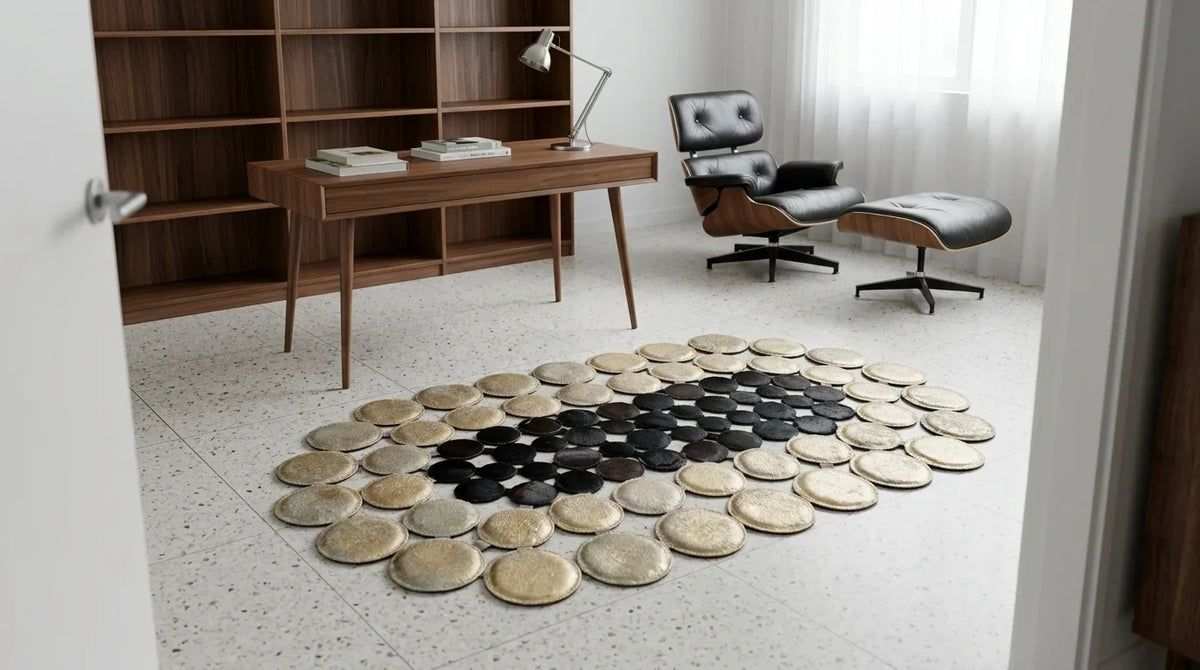 Black and White round cowhide rug under desk in midcentury modern home office
