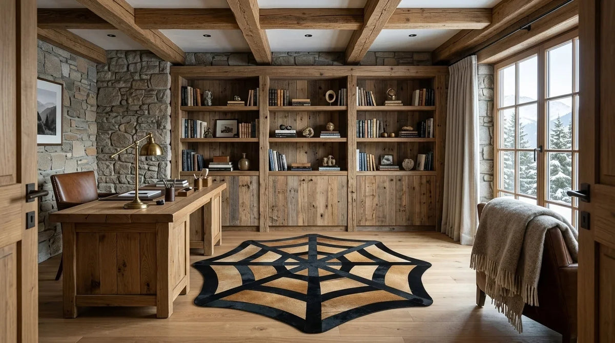 Modern dağ evi tarzı çalışma odasında siyah beyaz patchwork halı