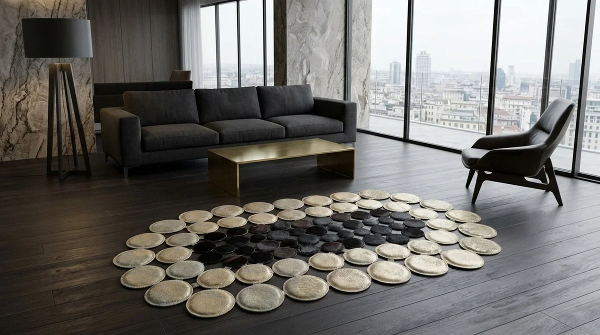 Black and White round cowhide rug on hardwood floor in milano penthouse living room