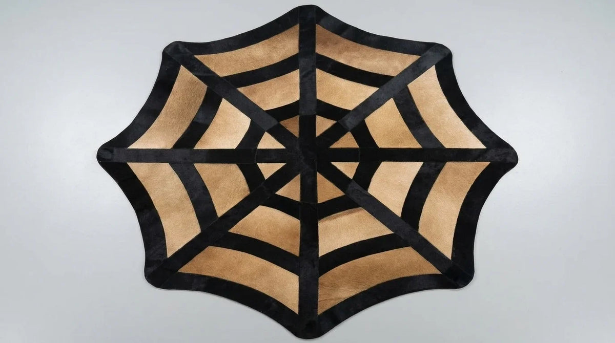 Siyah beyaz patchwork halı, beyaz zemin üzerinde, tam üstten görünüm, postun tamamı görünür