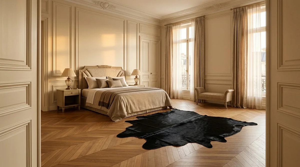 Black cowhide rug beside bed in Parisian Artdeco bedroom