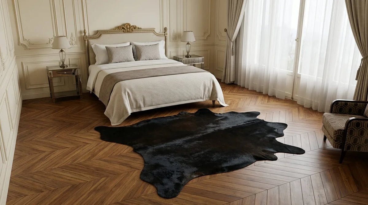 Black cowhide rug beside bed in parisian artdeco bedroom