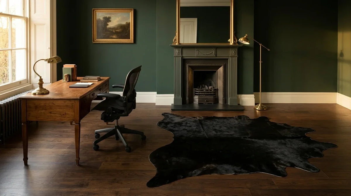 Kuhfell in Schwarz mit Einfarbig Schwarz im Arbeitszimmer im Londoner Stadthaus-Stil