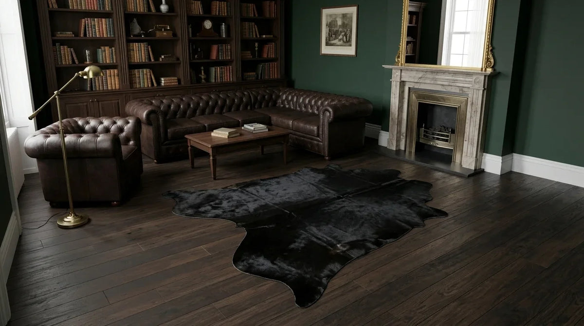 Kuhfell in Schwarz mit Einfarbig Schwarz im Wohnzimmer im Londoner Stadthaus-Stil