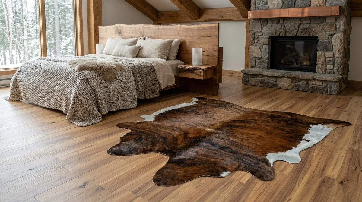 Brown and White cowhide rug beside bed in modern chalet bedroom