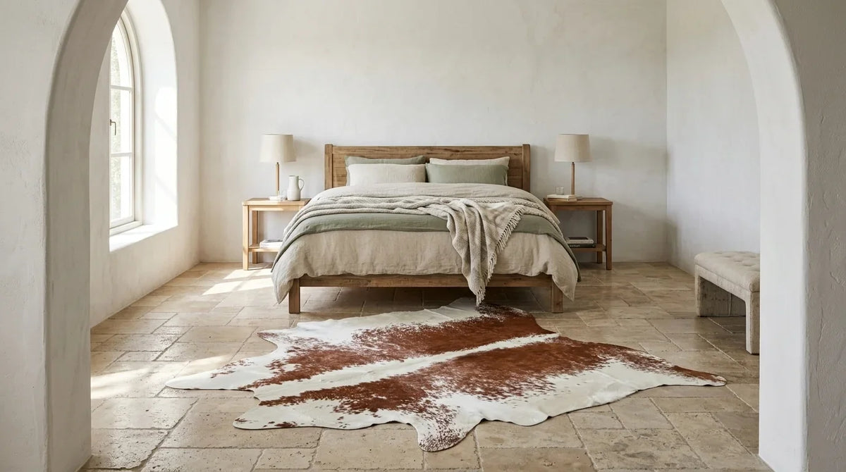 Brown and White cowhide rug beside bed in Organic Mediterranean bedroom