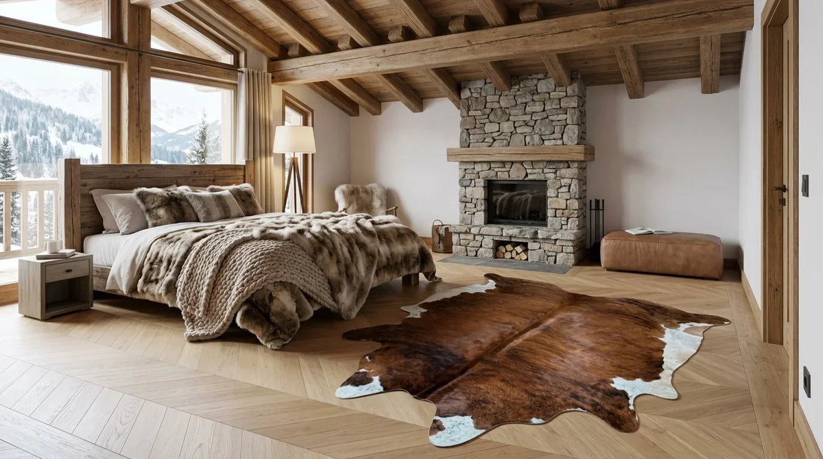 Brown and White cowhide rug beside bed in modern chalet bedroom