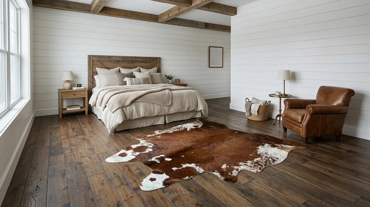 Brown and White cowhide rug beside bed in Modern Farmhouse bedroom