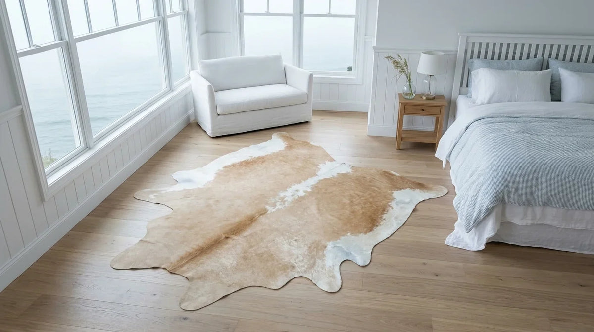 Brown and White cowhide rug beside bed in Hamptons Coastal bedroom