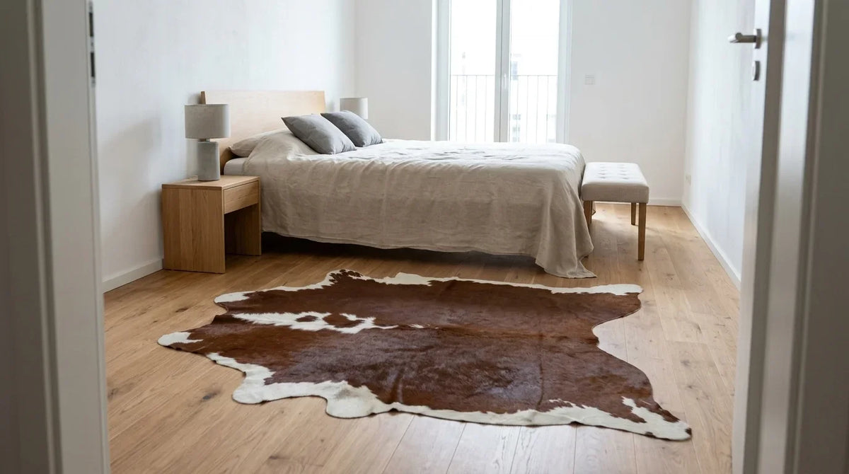 Brown and White cowhide rug beside bed in contemporary european bedroom