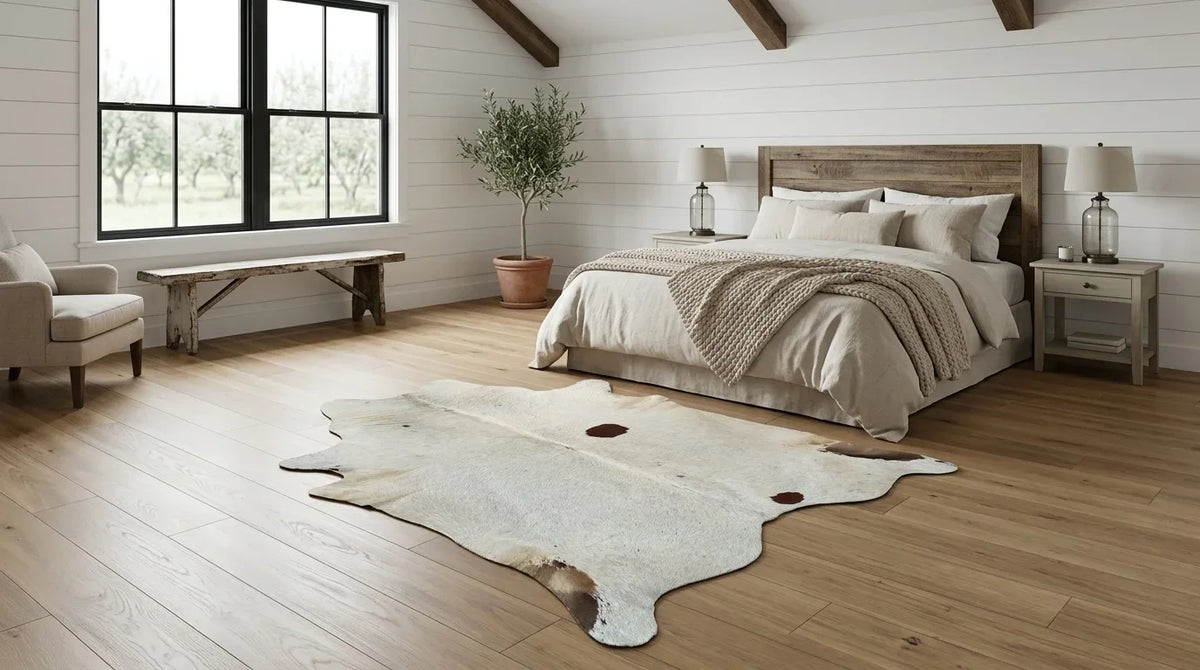 Brown and White cowhide rug beside bed in modern farmhouse bedroom