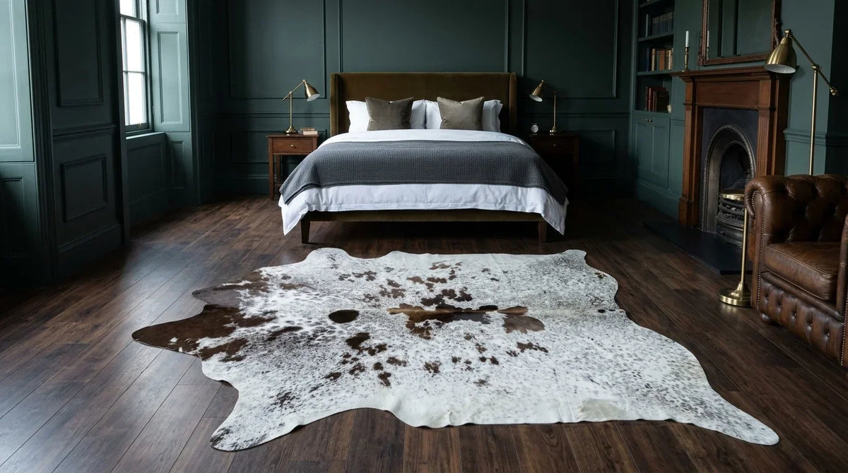 Kuhfell in Braun-Weiß im Schlafzimmer im Londoner Stadthaus-Stil
