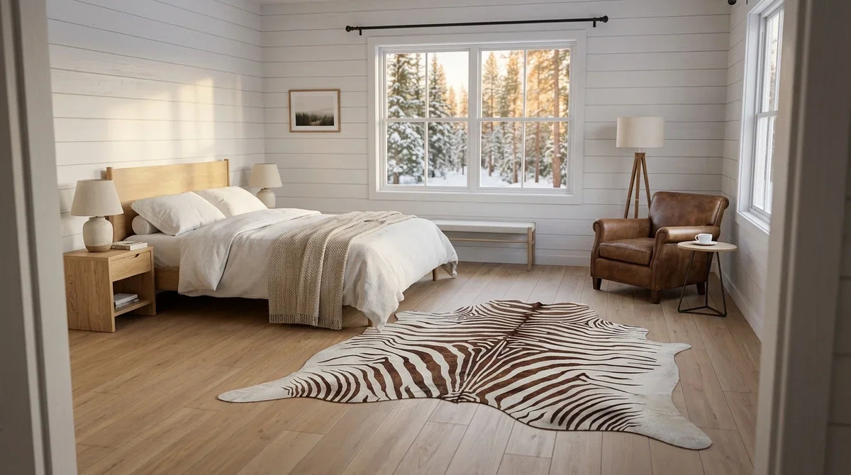 Brown and White cowhide rug beside bed in scandinavian cabin bedroom