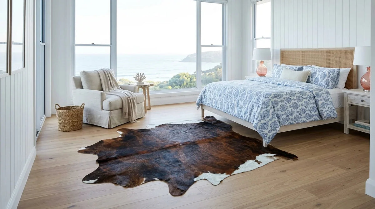 Brown and White cowhide rug beside bed in hamptons coastal bedroom