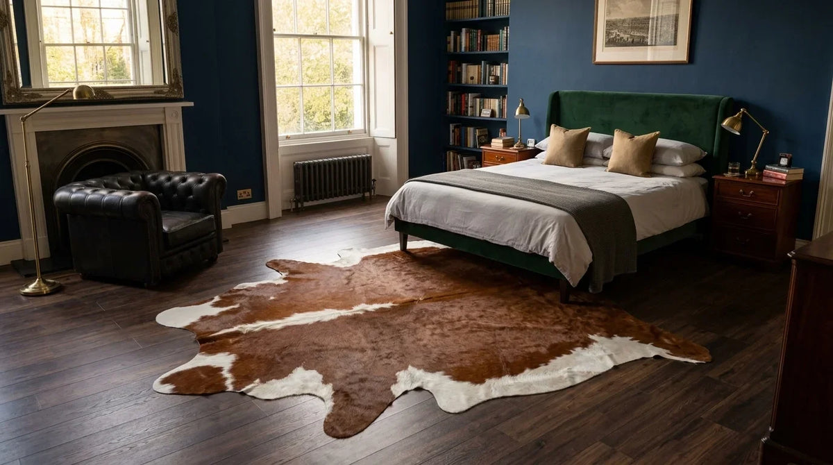 Brown and White cowhide rug beside bed in london townhouse bedroom