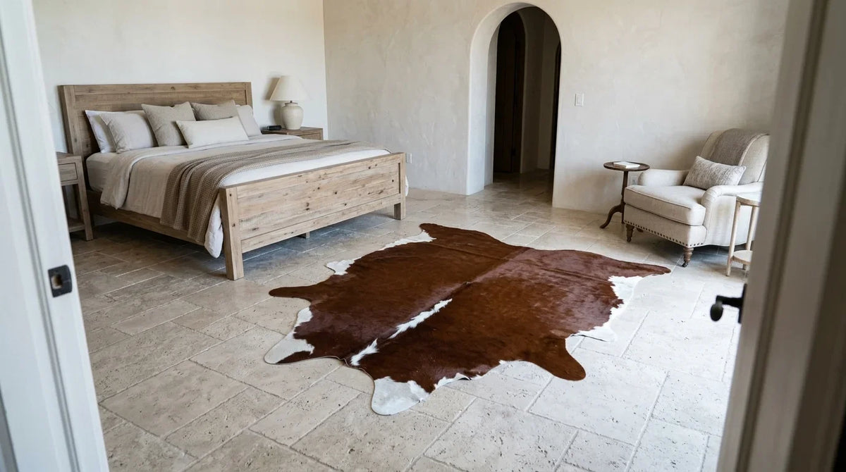 Brown and White cowhide rug beside bed in organic mediterranean bedroom