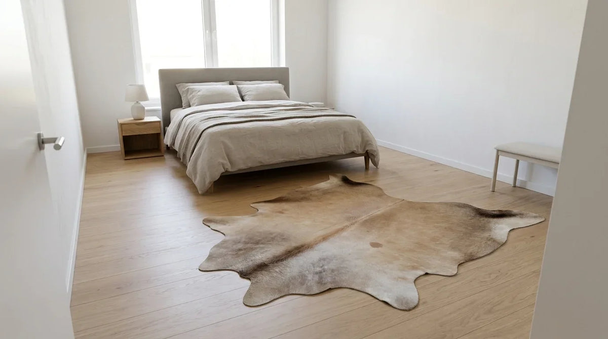 Brown and White cowhide rug beside bed in contemporary european bedroom