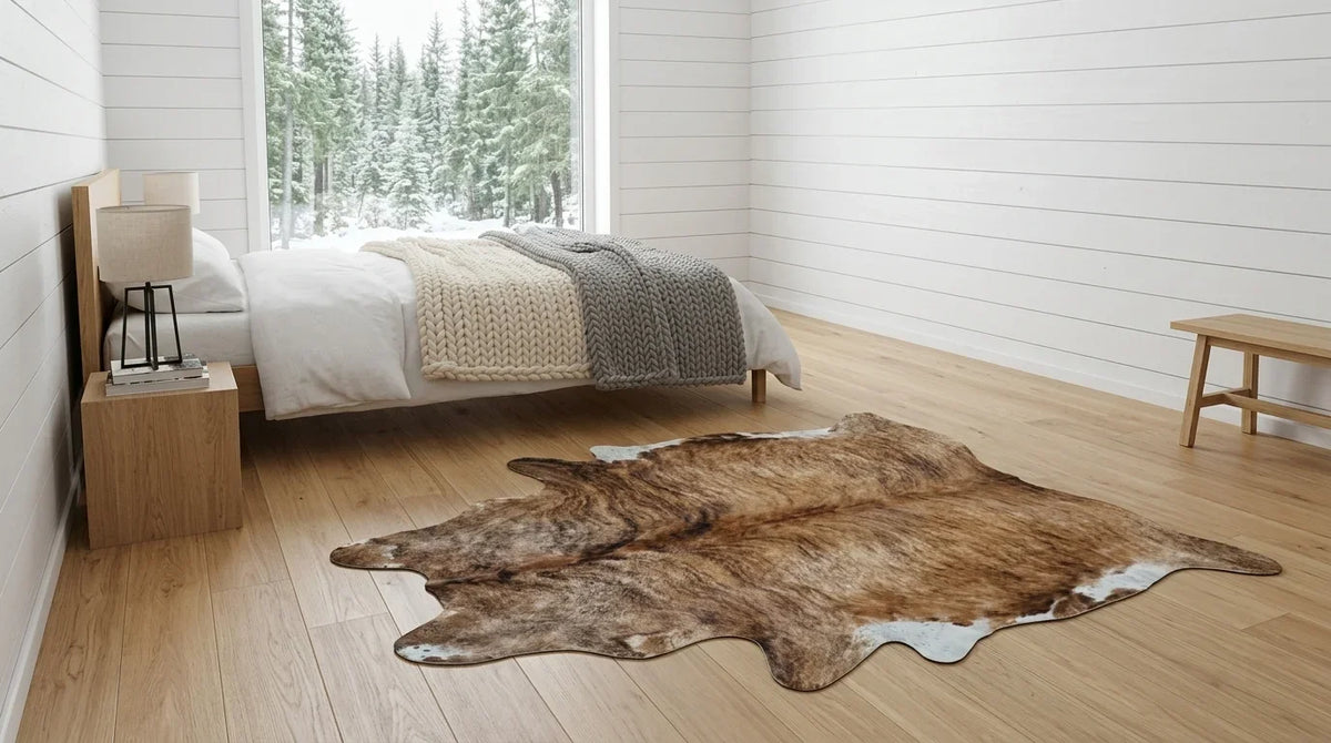 Brown and White cowhide rug beside bed in scandinavian cabin bedroom