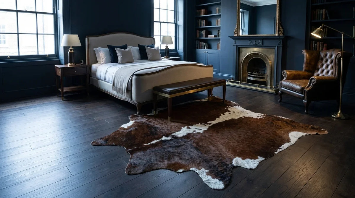 Brown and White cowhide rug beside bed in london townhouse bedroom