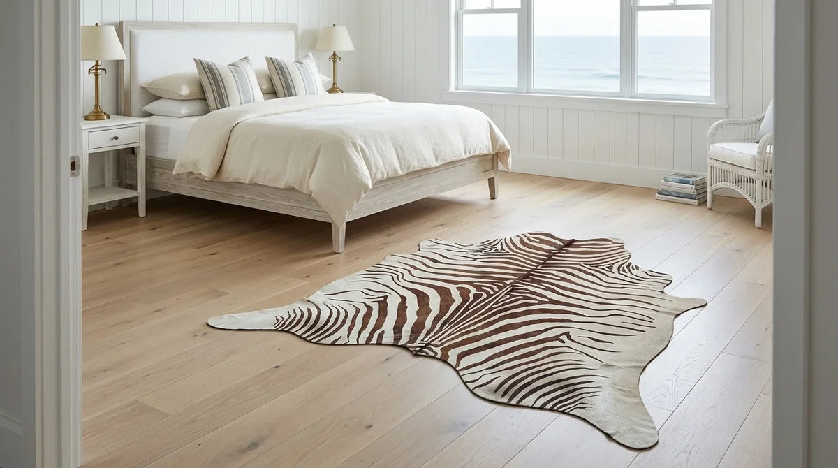 Brown and White cowhide rug beside bed in hamptons coastal bedroom