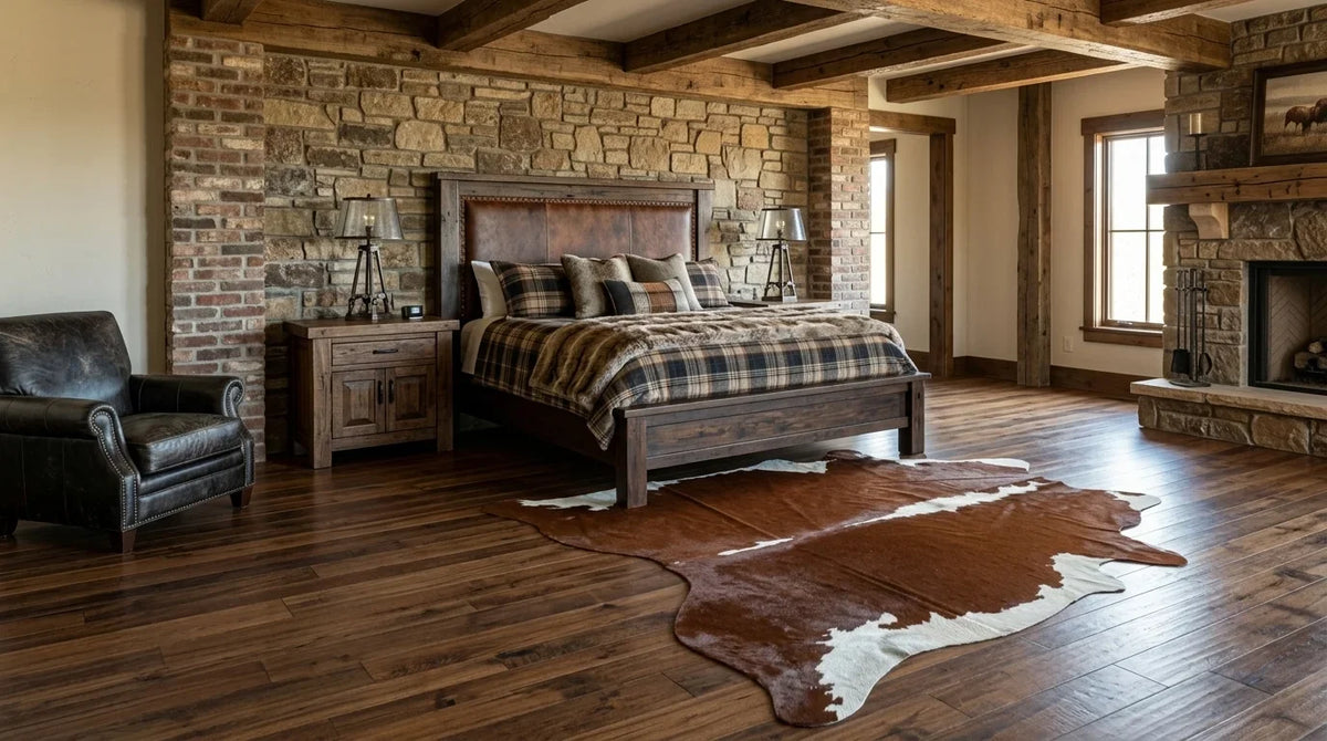 Brown and White cowhide rug beside bed in Texas Ranch bedroom