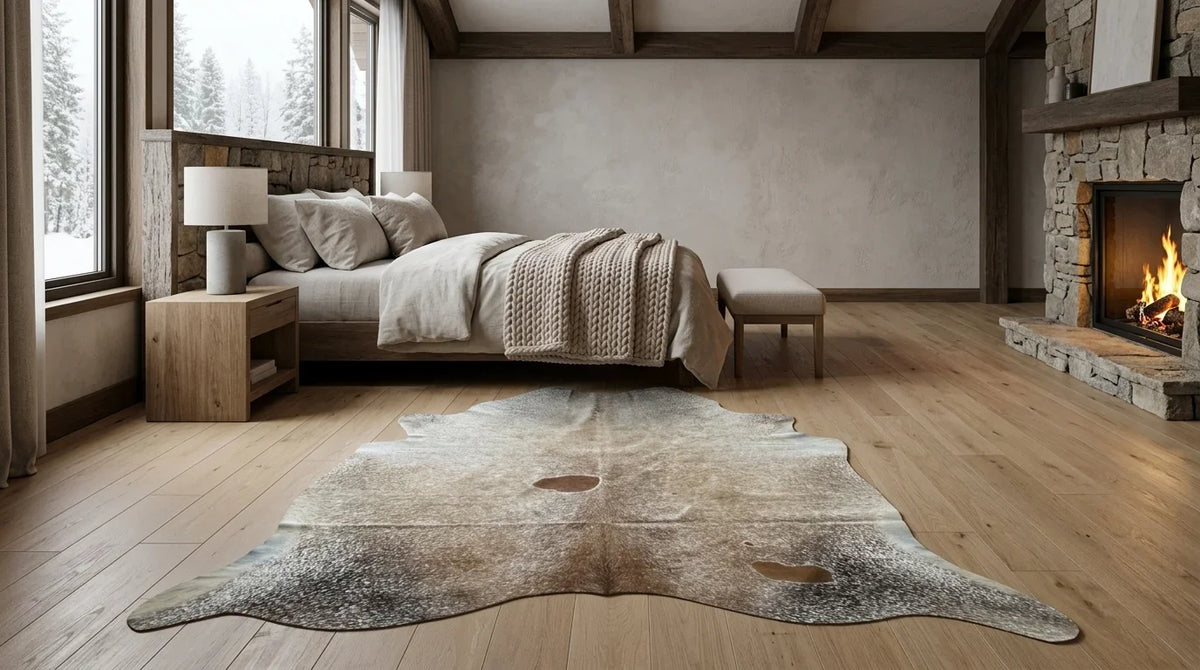 Brown and White cowhide rug beside bed in modern chalet bedroom