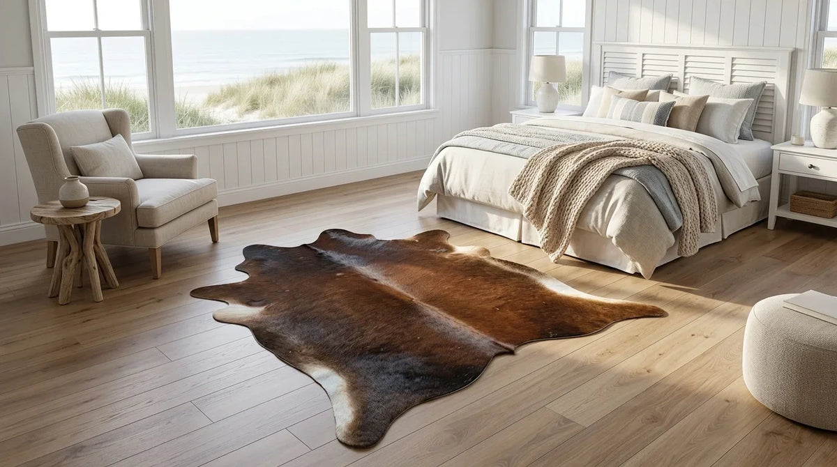 Brown and White cowhide rug beside bed in hamptons coastal bedroom